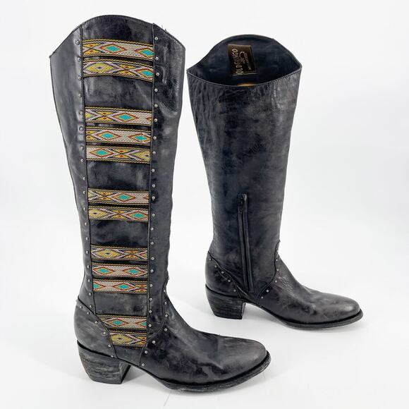 Old Gringo Elina Black Distressed Leather Aztec Tall Western Cowgirl Boot sz 9.5 - Picture 1 of 11